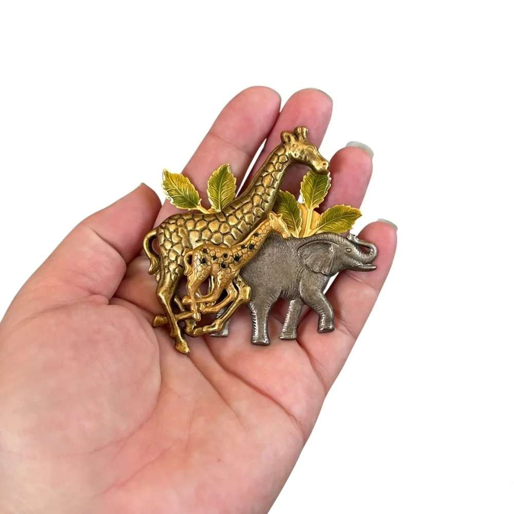 Vintage Mixed Metal Giraffes & Elephant Safari Brooch 3D Pin Statement Piece